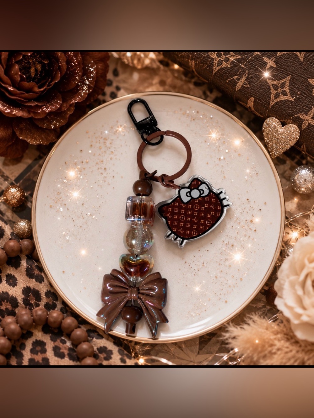 Hand Crafted Brown & Black Inspired kitty Style Keychain with Bow and Beads